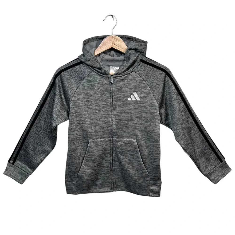 Adidas Boys Full Zip Fleece Hooded Track Jacket Size S‎ (8) Gray Black 3-Stripe